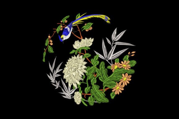 Chrysanthemums and Paradise Bird Embroidery